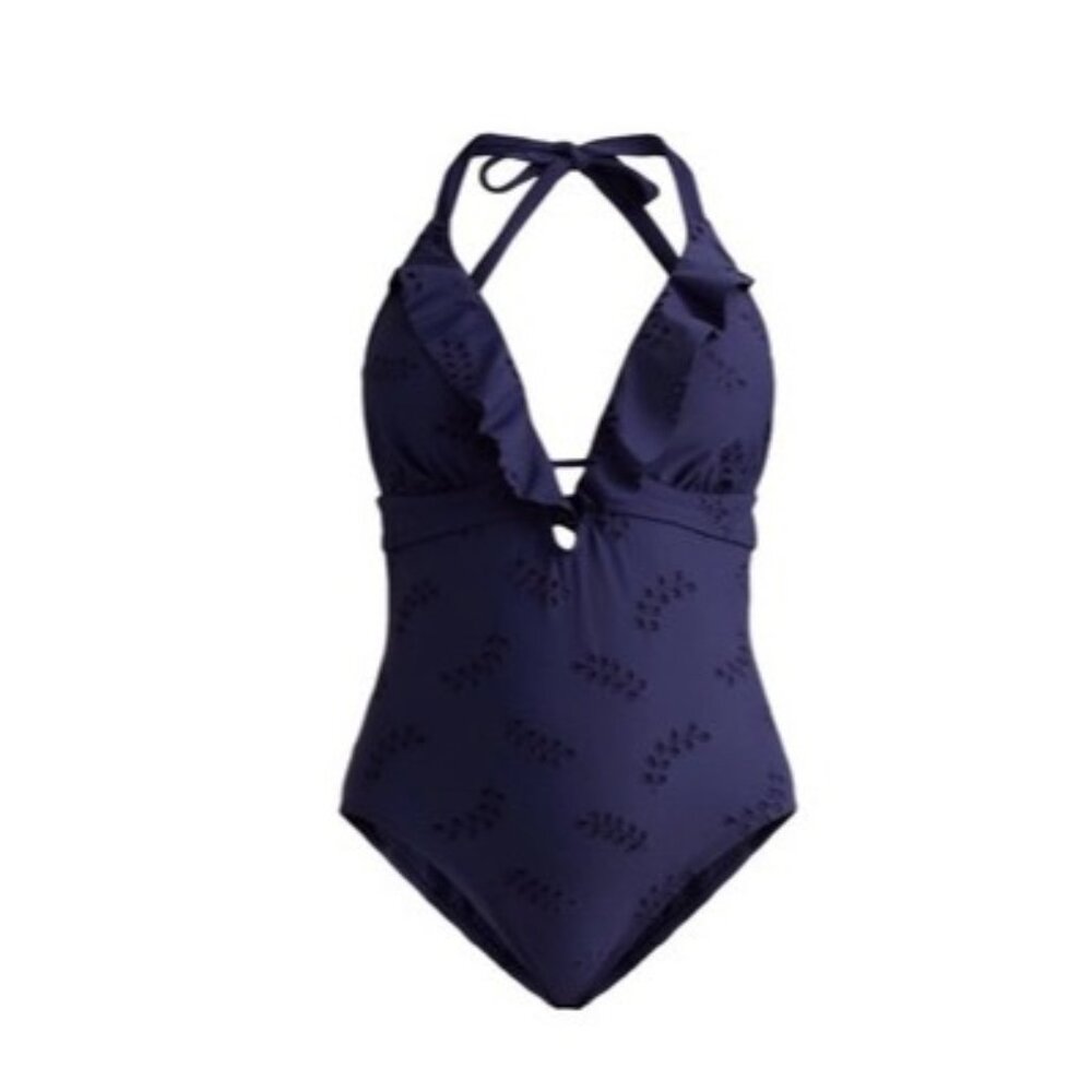 Time And Tru Women's Eyelet Embroidered Ruffle One Piece Swimsuit Size Large